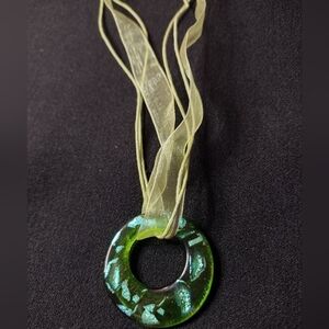 Glass Green Pendant Ribbon Necklace